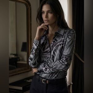 DIESEL Made in Italy Abstract Zebra-Print Satin Button-Up Blouse-Size XS